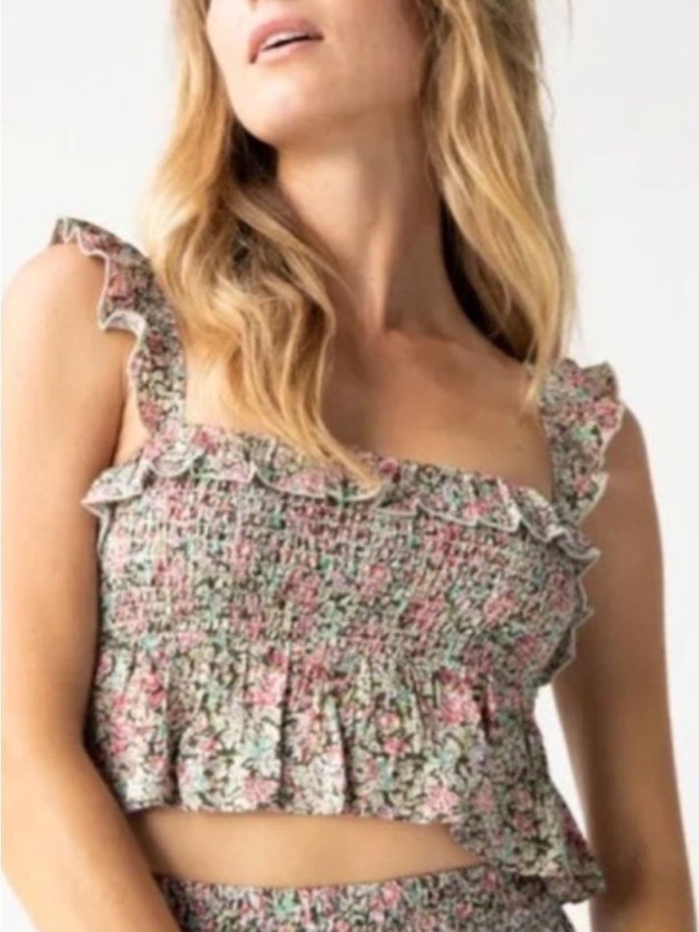 NATURAL LIFE Pink & Mint Floral Smocked Ruffle Crop Top M NWT